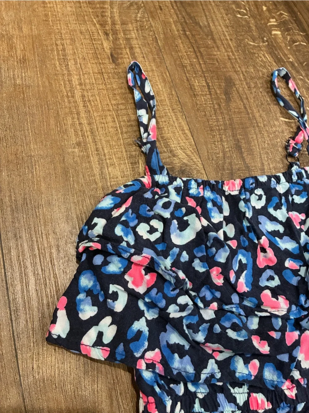 Justice Leopard Print Ruffle Cami Romper in Navy, Pink & Light Blue